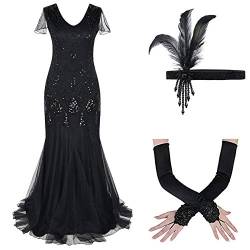 Damen 1920er 20er Jahre Great Gatsby V-Ausschnitt Paisley Pailletten Gefüttert Flapper Kleid mit Zubehör Cocktailkleid Abendkleider Maxikleid für Motto Party Hochzeit Fasching Kostüm Schwarz 2XL von FYMNSI