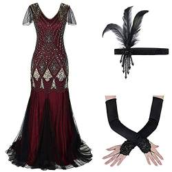 Damen 1920er 20er Jahre Great Gatsby V-Ausschnitt Paisley Pailletten Gefüttert Flapper Kleid mit Zubehör Cocktailkleid Abendkleider Maxikleid für Motto Party Hochzeit Fasching Kostüm Weinrot+Gold 2XL von FYMNSI