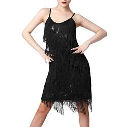 Damen 20er Jahre Kostüm Charleston Fransenkleid Pailletten Quaste Flapper Kleid Latin Tanzkleid Rave Festival Träger Minikleid Vintage Gatsby 1920er Cocktail Partykleid Salsa Tango Schwarz XXL von FYMNSI