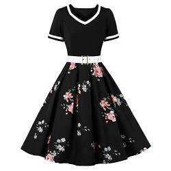 Damen 50er Jahre Rockabilly Kleid, 60er Retro Vintage Gepunktet Kleid Mit Gürtel Audrey Hepburn Kurzarm Partykleider Festkleid Midikleid A Linie Swing Abendkleider Cocktailkleider Schwarz Blumen 4XL von FYMNSI