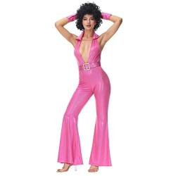 Damen 70er Jahre Disco Kostüm Tanzanzug Overall V-Ausschnitt Jumpsuit Neckholder Rückenfrei Hosenznug Tanzkostüm Hippie Catsuit Halloween Karneval Fasching Mottparty Clubwear Verkleidung Rose M von FYMNSI