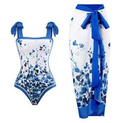 Damen Badeanzug Bauchweg Monokini Vintage Blumen Gedruckt Badeanzugkleid Badekleid Schwimmrock Retro Schwimmkleid Baderock Tankini Sport Schwimmanzug Bademode Swimsuit Sportbadeanzüge Dunkelblau M von FYMNSI