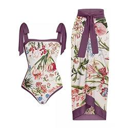 Damen Badeanzug Bauchweg Monokini Vintage Blumen Gedruckt Badeanzugkleid Badekleid Schwimmrock Retro Schwimmkleid Baderock Tankini Sport Schwimmanzug Bademode Swimsuit Sportbadeanzüge Fuchsia L von FYMNSI