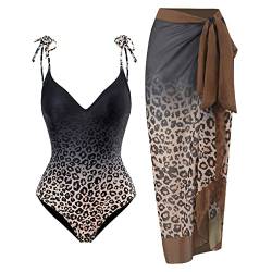 Damen Badeanzug Bauchweg V-Ausschnitt Monokini Elegant Badeanzugkleid Badekleid Schwimmrock Retro Schwimmkleid Baderock Tankini Sport Schwimmanzug Bademode Swimsuit Sportbadeanzüge Braun Leopard L von FYMNSI