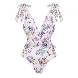 Damen Badeanzug Einteilige Monokini Raffung Bauchweg V-Ausschnitt Rückenfrei Schwimmanzug Bademode Blumen Gedruckt Figurformende Badeanzüge Sexy Push Up Sport Swimsuit Strandmode Sommer Lila Blumen L von FYMNSI