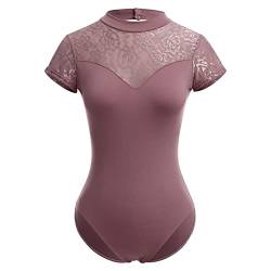 Damen Ballettanzug Ballettbody Sport Yoga Tanz Body Gymnastikanzug Trikot Kurzarm Bodysuit R?ckenfrei Spitze Einteiler Turnanzug Leotards Overall Tops Elegant Ballett Bekleidung Staubige Rose XL von FYMNSI