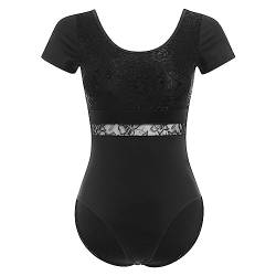 Damen Ballettanzug Ballettbody Sport Yoga Tanz Body Gymnastikanzug Trikot Kurzarm Bodysuit Spitze Einteiler Turnanzug Leotards Overall Oberteile Tops Elegant Ballett Bekleidung Schwarz Spitze XL von FYMNSI