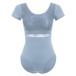 Damen Ballettanzug Ballettbody Sport Yoga Tanz Body Gymnastikanzug Trikot Kurzarm Bodysuit Spitze Einteiler Turnanzug Leotards Overall Oberteile Tops Elegant Ballett Bekleidung Staubiges Blau S von FYMNSI