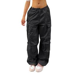 Damen Cargo Hose Cargohose Baggy Hose y2k Track Pants Niedrige Taille Locker Lange Hosen Streatwear mit Taschen Tunnelzug Elastischer Bund Jogginghose Parachute Freizeithose Arbeitshose Schwarz L von FYMNSI