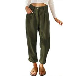 Damen Cordhose L?ssig Cord Hosen F?r Frauen Hohe Taille Lange Gerade Bein Baggy Hosen Mit Taschen B?ro Arbeit Casual Knopfleiste Rei?verschluss Einfarbig Lockere Vintage Freizeithose Armee Gr?n S von FYMNSI