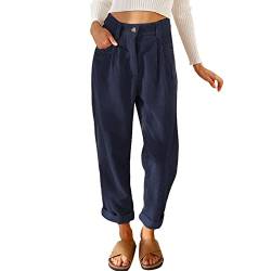 Damen Cordhose L?ssig Cord Hosen F?r Frauen Hohe Taille Lange Gerade Bein Baggy Hosen Mit Taschen B?ro Arbeit Casual Knopfleiste Rei?verschluss Einfarbig Lockere Vintage Freizeithose Dunkelblau L von FYMNSI