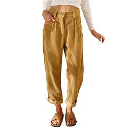 Damen Cordhose L?ssig Cord Hosen F?r Frauen Hohe Taille Lange Gerade Bein Baggy Hosen Mit Taschen B?ro Arbeit Casual Knopfleiste Rei?verschluss Einfarbig Lockere Vintage Freizeithose Khaki L von FYMNSI