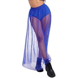 Damen Festival Glitzer Rock Rave Outfit 2 in 1 Transparent Mesh Rock Mit Hose Drunter High Waist T?llrock Lang Maxirock Hosenrock Strandrock Musikfestivals Party Streetwear Clubwear K?nigsblau L von FYMNSI