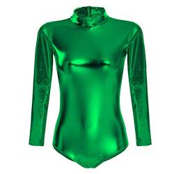 Damen Glänzende Ballettanzug Ballettbody Sport Tanz Body Gymnastikanzug Trikot Langarm Bodysuit Metallic Wetlook Einteiler Turnanzug Leotards Overall Lack Leder Oberteile Top Kostüm Dunkelgrün M von FYMNSI