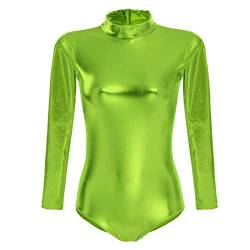 Damen Glänzende Ballettanzug Ballettbody Sport Tanz Body Gymnastikanzug Trikot Langarm Bodysuit Metallic Wetlook Einteiler Turnanzug Leotards Overall Lack Leder Oberteile Top Kostüm Hellgrün XL von FYMNSI