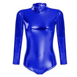 Damen Glänzende Ballettanzug Ballettbody Sport Tanz Body Gymnastikanzug Trikot Langarm Bodysuit Metallic Wetlook Einteiler Turnanzug Leotards Overall Lack Leder Oberteile Top Kostüm Königsblau 2XL von FYMNSI