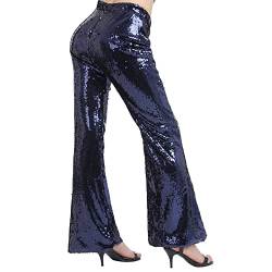 Damen Glitzer Pailletten Schlaghose High Waist Weites Bein Hose Legins Cargohose Hippie 70er 80er 90er Jahre Kost?m Mottoparty Disco Rave Tanz Outfit Clubwear Karneval Fasching Halloween Dunkelblau XL von FYMNSI