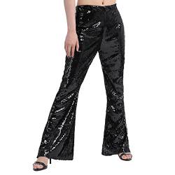 Damen Glitzer Pailletten Schlaghose High Waist Weites Bein Hose Legins Cargohose Hippie 70er 80er 90er Jahre Kost?m Mottoparty Disco Rave Tanz Outfit Clubwear Karneval Fasching Halloween Schwarz L von FYMNSI