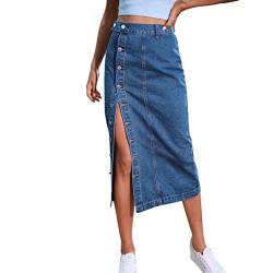 Damen Jeansrock mit Schlitz Midi Long Jeans Rock Sommerrock Vintage Denim Röck High Waist Seitenschlitz Midirock Hohe Taille Bleistiftrock mit Knöpfen Lässig Maxirock Schlauchrock Denim Blau L von FYMNSI