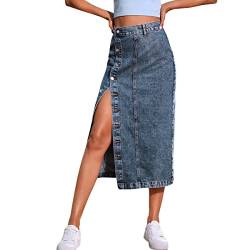 Damen Jeansrock mit Schlitz Midi Long Jeans Rock Sommerrock Vintage Denim Röck High Waist Seitenschlitz Midirock Hohe Taille Bleistiftrock mit Knöpfen Lässig Maxirock Schlauchrock Dunkelblau M von FYMNSI