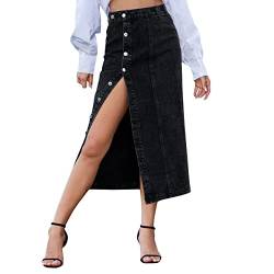 Damen Jeansrock mit Schlitz Midi Long Jeans Rock Sommerrock Vintage Denim Röck High Waist Seitenschlitz Midirock Hohe Taille Bleistiftrock mit Knöpfen Lässig Maxirock Schlauchrock Schwarz M von FYMNSI