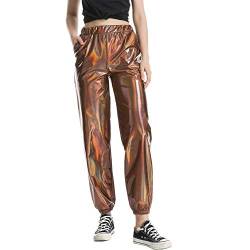 Damen Metallic Glänzed Hose Elastischer Bund Sporthose Locker Freizeit Casual Lang Hose Sweathose Jogginghose Leggins Einfarbig Wet Look Stretch Leggings Tanzhosen Party Disco Clubwear Kaffee M von FYMNSI