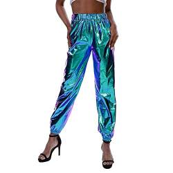 Damen Metallic Glänzed Hose Elastischer Bund Sporthose Locker Freizeit Casual Lang Hose Sweathose Jogginghose Leggins Einfarbig Wet Look Stretch Leggings Tanzhosen Party Disco Clubwear Laser Blau M von FYMNSI