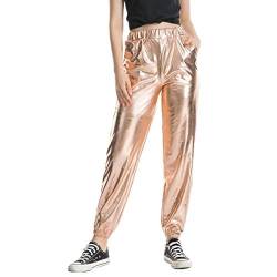 Damen Metallic Glänzed Hose Elastischer Bund Sporthose Locker Freizeit Casual Lang Hose Sweathose Jogginghose Leggins Einfarbig Wet Look Stretch Leggings Tanzhosen Party Disco Clubwear Rose Gold S von FYMNSI