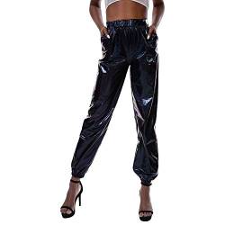 Damen Metallic Glänzed Hose Elastischer Bund Sporthose Locker Freizeit Casual Lang Hose Sweathose Jogginghose Leggins Einfarbig Wet Look Stretch Leggings Tanzhosen Party Disco Clubwear Schwarz M von FYMNSI