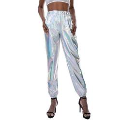 Damen Metallic Glänzed Hose Elastischer Bund Sporthose Locker Freizeit Casual Lang Hose Sweathose Jogginghose Leggins Einfarbig Wet Look Stretch Leggings Tanzhosen Party Disco Clubwear Silber 2XL von FYMNSI