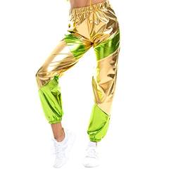 Damen Metallic Glänzed Hose Elastischer Sporthose Locker Holographische Sweathose Jogginghose Hologram Laser Baggyhose Disco Clubwear Hip Hop Punk Hosen Jogger Sweatpants Streetwear Gold + Grün L von FYMNSI