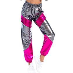 Damen Metallic Glänzed Hose Elastischer Sporthose Locker Holographische Sweathose Jogginghose Hologram Laser Baggyhose Disco Clubwear Hip Hop Punk Hosen Jogger Sweatpants Streetwear Grau + Rose XL von FYMNSI