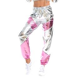 Damen Metallic Glänzed Hose Elastischer Sporthose Locker Holographische Sweathose Jogginghose Hologram Laser Baggyhose Disco Clubwear Hip Hop Punk Hosen Jogger Sweatpants Streetwear Silber + Rosa S von FYMNSI