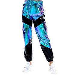 Damen Metallic Glänzed Hose Elastischer Sporthose Locker Holographische Sweathose Jogginghose Hologram Laser Baggyhose Disco Clubwear Hip Hop Punk Jogger Sweatpants Streetwear Laser Blau +Schwarz M von FYMNSI