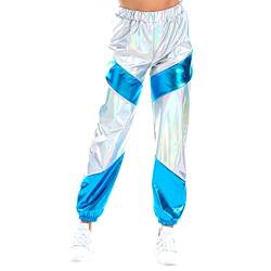 Damen Metallic Glänzed Hose Elastischer Sporthose Locker Holographische Sweathose Jogginghose Hologram Laser Baggyhose Disco Clubwear Hip Hop Punk Jogger Sweatpants Streetwear Laser Silber + Blau L von FYMNSI