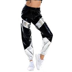 Damen Metallic Glänzed Hose Elastischer Sporthose Locker Holographische Sweathose Jogginghose Hologram Laser Baggyhose Disco Clubwear Hip Hop Punk Jogger Sweatpants Streetwear Schwarz + Silber L von FYMNSI