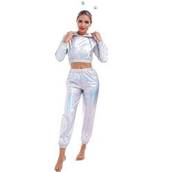 Damen Metallic Glänzend Jogginganzug Trainingsanzug Sportanzug Holographische Langarm Kapuzen Crop Top Pullover Sweatshirt Sweathose Hip Hop Streetwear 80er Jahre Fasching Kostüm Laser Silber L von FYMNSI