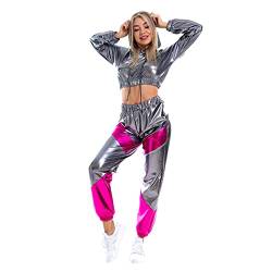 Damen Metallic Glänzend Jogginganzug Trainingsanzug Sportanzug Holographische Langarm Kapuzen Crop Top Pullover Sweatshirt Sweathose Hip Hop Streetwear 80er Jahre Karneval Fasching Kostüm Grau XL von FYMNSI