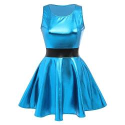 Damen Metallic ?rmellos Minikleid Holografisch Partykleid Gl?nzend Skater Festkleid Festival Rave Outfits Alien Kost?m Halloween Fasching Karneval Cosplay Roundhals Tanzkleid Clubwear Blau XXL von FYMNSI