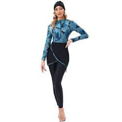 Damen Muslimische Ganzkörper Badeanzug Bescheidene Bademode Islamisch Arabisch Schwimmkostüm Reißverschluss Langarm Top Hose Hijab Burkini Set Modest Full Cover Muslim Badebekleidung Blau Blätter M von FYMNSI