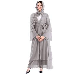 Damen Muslimische Kleid Islamisch Chiffon Offenes Gebetskleid für Frauen Robe in Voller Länge Dubai Nahen Osten Türkei Islam Ramadan Eid Mubarak Maxikleid Abaya Kaftan mit Hijab Grau + Hijab S von FYMNSI