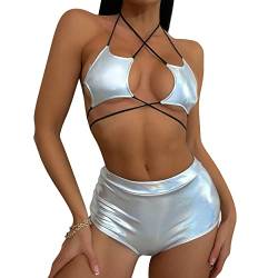 Damen Rave Outfit Bikini Set Badeanzug Holografische Stern BH Oberteil Slip Leder Wetlook Shorts Hot Pants für Festival Disco Tanz Clubwear Halloween Motto Party Fasching Kostüm 1Silber Stern L von FYMNSI