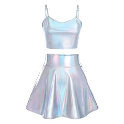 Damen Rave Outfit Gl?nzed Metallic Wetlook Tr?ger Crop Top und Hohe Taille Minirock Set Lackleder Leder Optik Oberteil Frauen Sexy Gogo Clubwear Tanz Festival Halloween Party Kost?m Laser S von FYMNSI