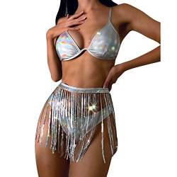 Damen Rave Outfit Quaste Bikini Set Badeanzug Holografische BH Oberteil Slip Triangel Bikinihose Pailletten Fransenrock für Festival Disco Tanz Clubwear Halloween Motto Party Fasching Kostüm Silber L von FYMNSI