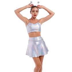 Damen Rave Tanz Outfit Außerirdisches Alien Kostüm Glänzed Metallic Wetlook Träger Crop Top und Hohe Taille Minirock Haarband Set Leder Optik Oberteil Sexy Gogo Clubwear Fasching 3# Silber Laser S von FYMNSI