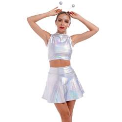 Damen Rave Tanz Outfit Außerirdisches Alien Kostüm Glänzed Metallic Wetlook Weste Crop Top und Hohe Taille Minirock Haarband Set Leder Optik Oberteil Sexy Gogo Clubwear Fasching 5# Silber Laser M von FYMNSI