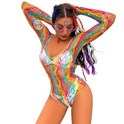 Damen Regenbogen Durchsichtig Fischnetz Body Rückenfrei Langarm Bodysuit Einteiler Babydoll Bunte Mesh Netz Bodycon Rave Festival Gogo Clubwear Nachtwäsche Reizwäsche Negligee Dessous Langarm von FYMNSI