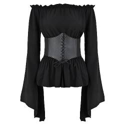 Damen Renaissance Bauernbluse Schulterfrei Tops Trompeten?rmel Gothic Boho Bluse Mittelalter Gesmokt Langarmshirt mit G?rtel Korsett Pirat Steampunk Wikinger Kleidung Kost?m Halloween Schwarz XXL von FYMNSI