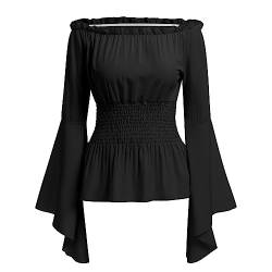 Damen Renaissance Bauernbluse Schulterfrei Tops Trompeten?rmel Gothic Lolita Boho Bluse Mittelalter Gesmokt Langarmshirt Pirat Steampunk R?schenbluse Wikinger Kleidung Kost?m Halloween Schwarz L von FYMNSI