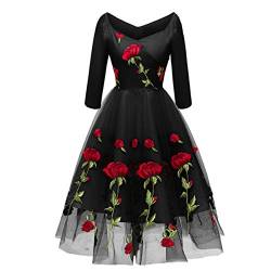 Damen Rockabilly Kleid Vintage 1950er Partykleid Knielang Brautkleid Schulterfrei Tüllkleid Abendkleid Rose Stickerei Elegant Hochzeit Brautjunfernkleid Festliches Cocktailkleid Schwarz Langarm L von FYMNSI